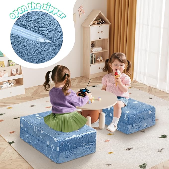 MeMoreCool Foldable Floor Mattress for Kids, Glow Toddler Nap Mat for Sleeping and Daycare, Portable Trifold Futon Mattress Floor Bed, Blue Space