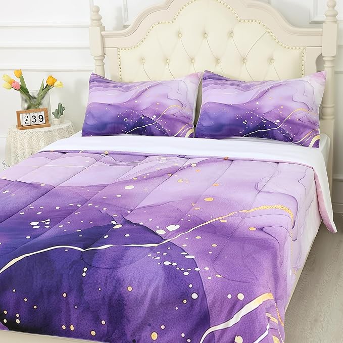 Purple Comforter Set King: Light Purple Marble Bedding Sets Abstract Artwork Gold Glitter Marbling Quilts Watercolor Aesthetic Bed Set for Women Adults Home Decor 3 Piece