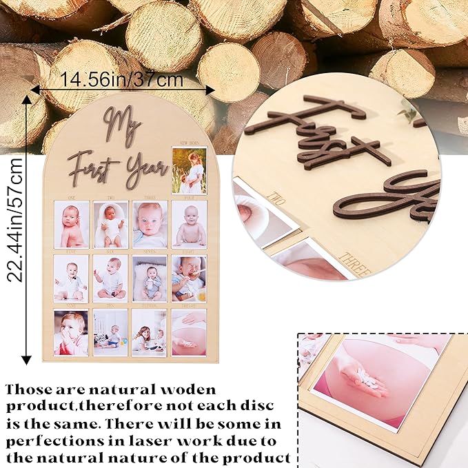 One Year Wood Photo Board - My First Year Month Milestone Board, Girl/Boy 1st Birthday Decorations, 12 Months Banner