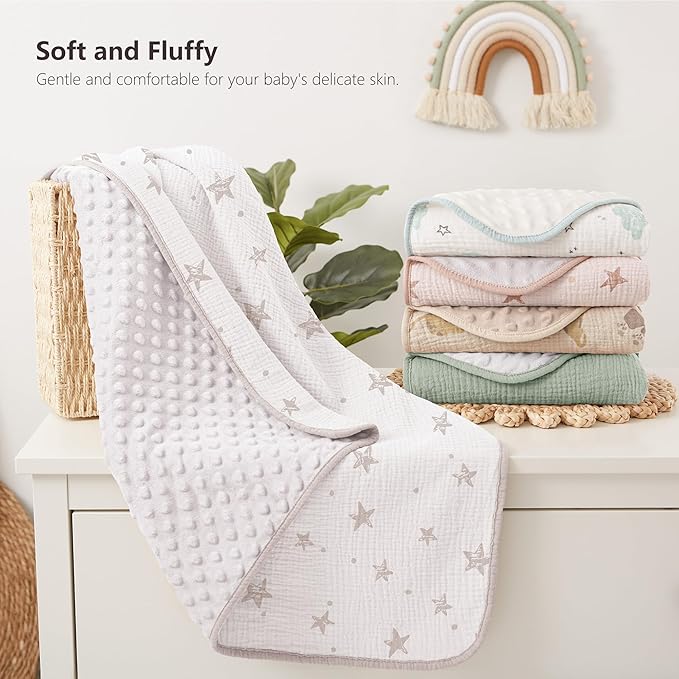 Susurration Baby Blanket for Unisex Boys Girls, Soft Nursery Minky Blanket with Muslin Cotton Front and Dotted Fleece Back, Receiving Blanket for Baby Newborn Infant, 30x40inch (Beige Star)