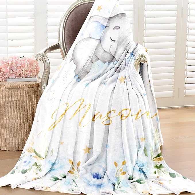 Elephant Baby BlanketPersonalized BlanketWith NameforBoyCustom Name BlanketforNewborn BoySoft Flannel Toddler Blanket Customized GiftforBirthday Christmas Baby Shower 60inX80in 4-elephant Blue