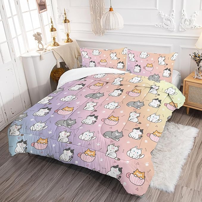Cat Comforter Set Queen: Colorful Cartoon Cats Bedding Set Cute Kitten Rainbow Feline Quilt 3 Piece for Women Girls Teens Adults 1 Comforter & 2 Pillowcases