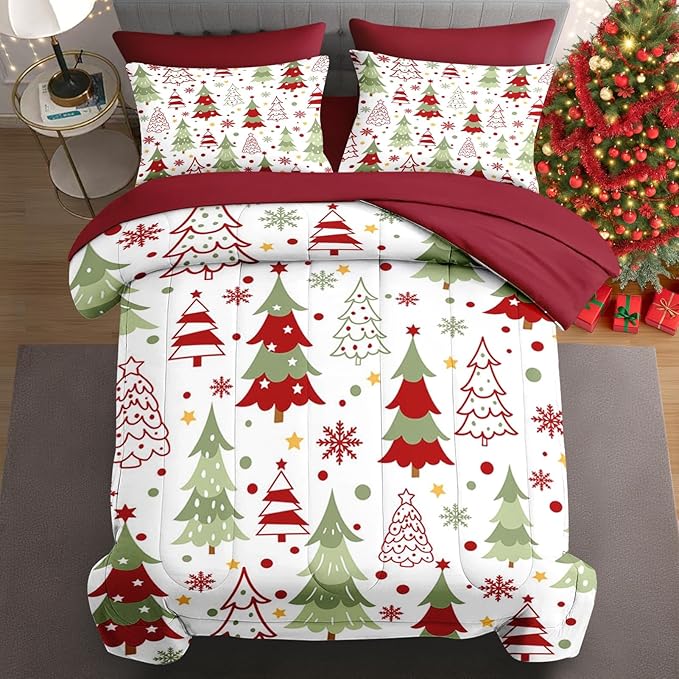 7 Pcs Full Size Christmas Comforter Set with 2 Pillowcases & 2 Shams, Colorful Xmas Tree Bedding for Kids and Adults, Funny Winter Holiday Bed in a Bag with Flat Fitted Sheet