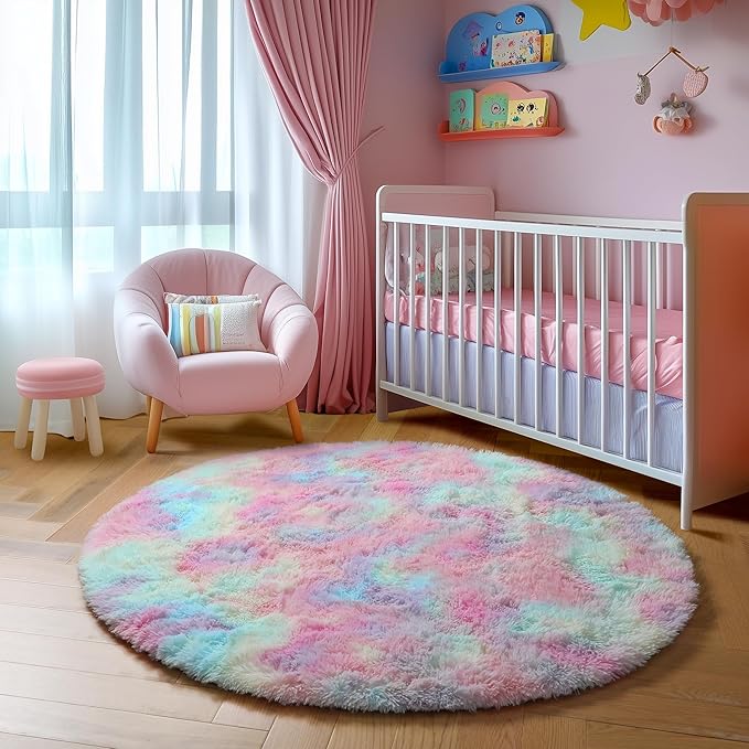 Amdrebio Rainbow Fluffy Round Rug 6Ft Kids Rugs for Girls Bedroom, Unicorn Room Decor, Colorful Pastel Plush Floor Carpet for Playroom Baby Nursery, Cute Shag Kawaii Circle Area Rug for Teen Princess