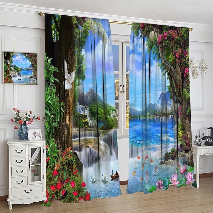 Spring Jungle Waterfall Blackout Window Curtains, Tropical Rainforest Floral Tree Waterfall Landscape Print Window Drapes, for Living Room Bedroom 63x63in 2 Panels