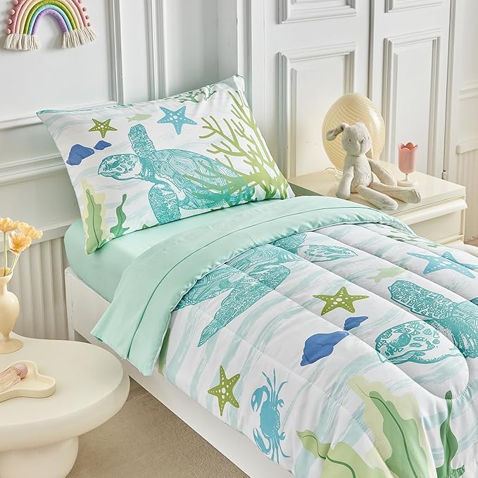 4 Pieces Sea Turtle Toddler Bedding Set for Boys Girls Teal Blue White Toddler Bed Set with Seaweed Starfish Soft Blue Cute Toddler Bed in a Bag with Sheet Set and Pillow Shams