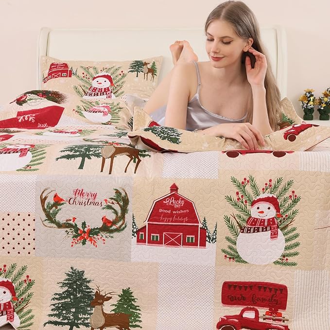 Christmas Quilt Set King Size Bedding Xmas Home Decor Holiday Quilt Lodge Snowman Plaid Patchwork Lightweight Quilt Set Bedding Reversible Christmas Bed Set
