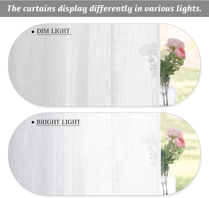 RYB HOME White Sheer Curtains for Living Room, Linen Textured Sheer Drapes Wall Panels Backdrop Filter Sunlight Glare for Bedroom Office Doorway, W 52 x L 96 inch, 2 Panels, White