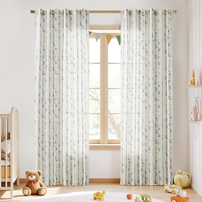 jinchan Linen Nursery Curtains for Living Room Boho Curtains for Bedroom Kids Room 84 Inches Long Geometric Printed Farmhouse Drapes Rod Pocket Window Treatment Curtain Set of 2 Panels Indigo-Gray
