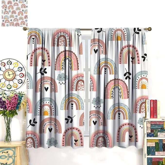 Kids Rainbow Curtains Boho Cartoon Colorful Stars Love Heart Lovely Abstract Art Pattern Print Window Drapes for Girl Bedroom Living Room Kitchen Decor,2 Panel Set,42Wx54H Inch Blackout