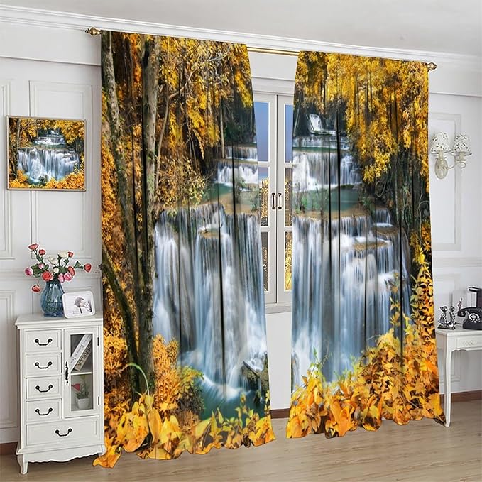 Waterfall Blackout Curtain, Autumn Season Trees Leaves Natural Landscape Window Drapes, for Bedroom Living Room 52" W X 84" L