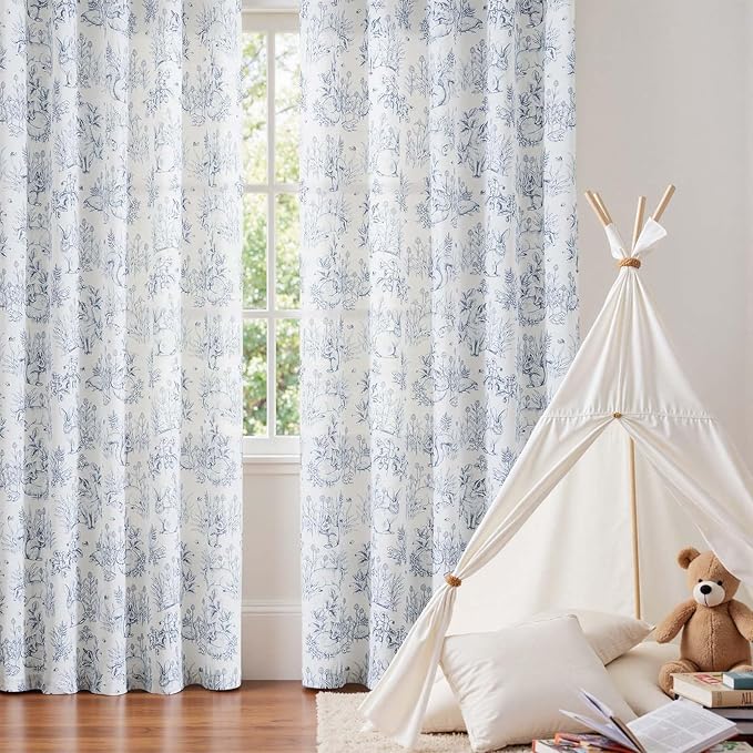 jinchan Linen Nursery Curtains 90 inch Long Woodland Wildlife Blue Print Drapes for Kid's Room Light Filtering French Country Farmhouse Curtains with Bunny and Forest Design Set of 2 Panels