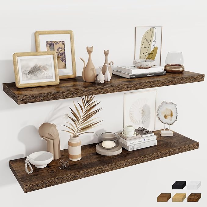 Fun Memories 12 Deep Floating Shelves for Wall, 48W x 12D Extra Large Floating Shelves Set of 2, Hanging Wood Wall Shelves for Living Room, Kitchen, Bedroom, Farmhouse, Laundry Room, Office - Brown