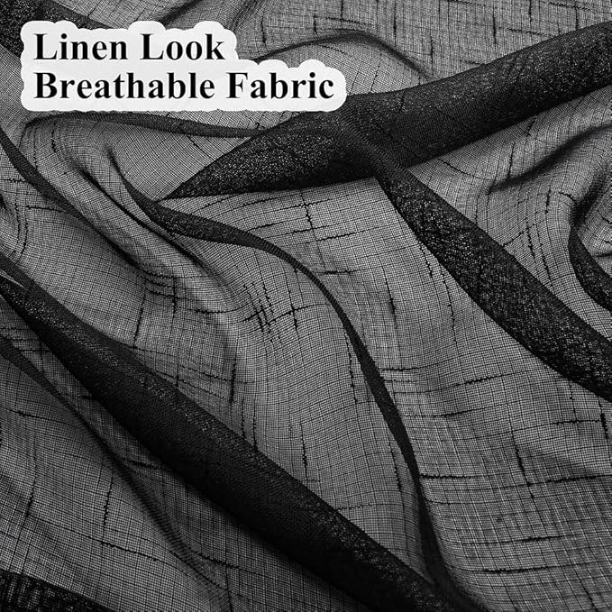 Black Linen Look Sheer Curtains 102 Inches Long 2 Panels, Rustic Textured Light Filtering Drapes, Dark Moody Window Decor, Floor to Ceiling Pinch Pleat Curtain with Hooks