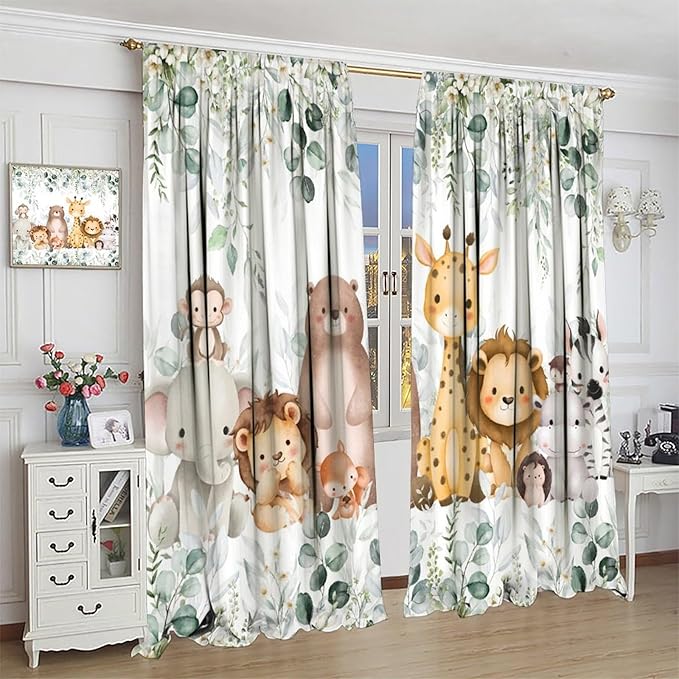 Kids Safari Animal Curtains Woodland Wildlife Jungle Animals Blackout Window Treatments for Boys Girls Bedroom Cute Cartoon Lion Nursery Children Drapes for Living Room W42xL63