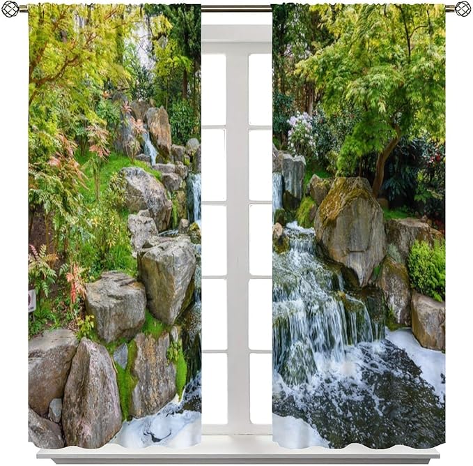 Forest Waterfall Blackout Curtains, Natural Landscape Forest Trees Waterfall Scenery PrintWindow Drapes, for Living Room Bedroom 72" W X 63" L
