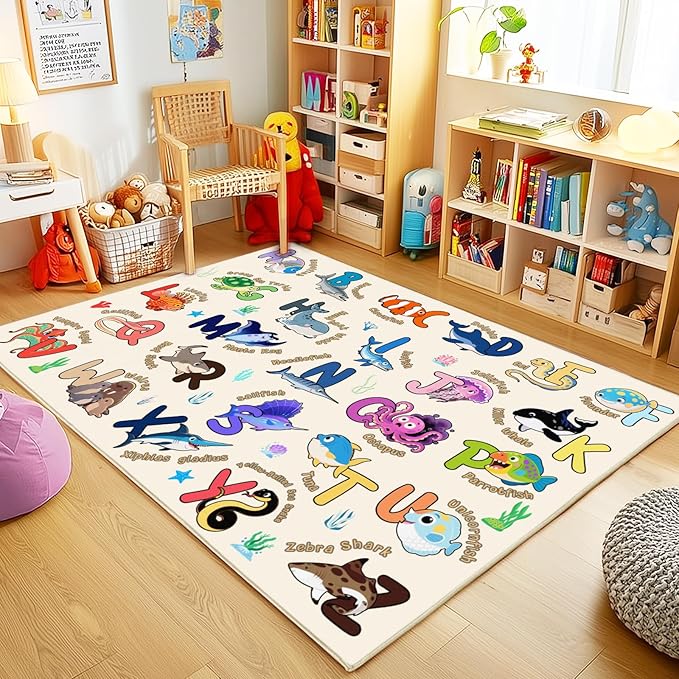 Kids Rugs for Playroom, 4x5 Feet Educational Rug for Learn The ABC Alphabet, Soft Machine Washable Non-Slip Cute Marine Organisms Carpet for Classroom Toddler Nursery Kids Room Decor, Beige
