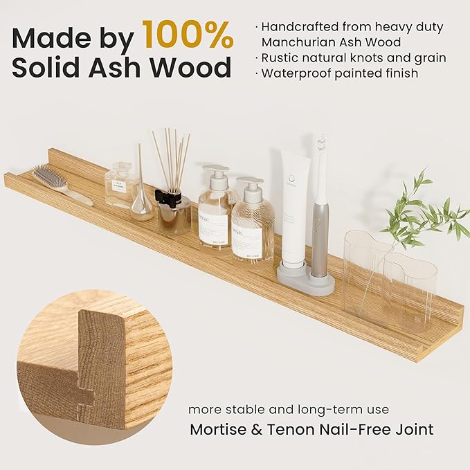 Solid Ash Wood Picture Ledge Shelf, Wood Floating Shelves Set of 2, 48 Inch Long Large Photo Ledge Shelves, Nursery Book Shelves Wall Mounted for Living Room Kids' Bedroom Decor, Natural