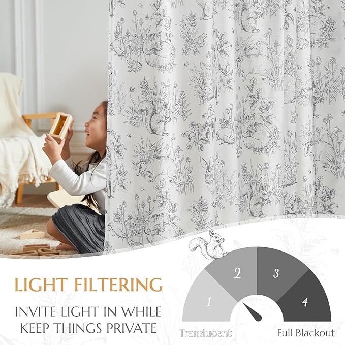 jinchan Linen Nursery Curtains 84 inch Long Woodland Wildlife Grey Print Drapes for Kid's Room Light Filtering French Country Farmhouse Gray Curtains with Bunny and Forest Design Set of 2 Panels