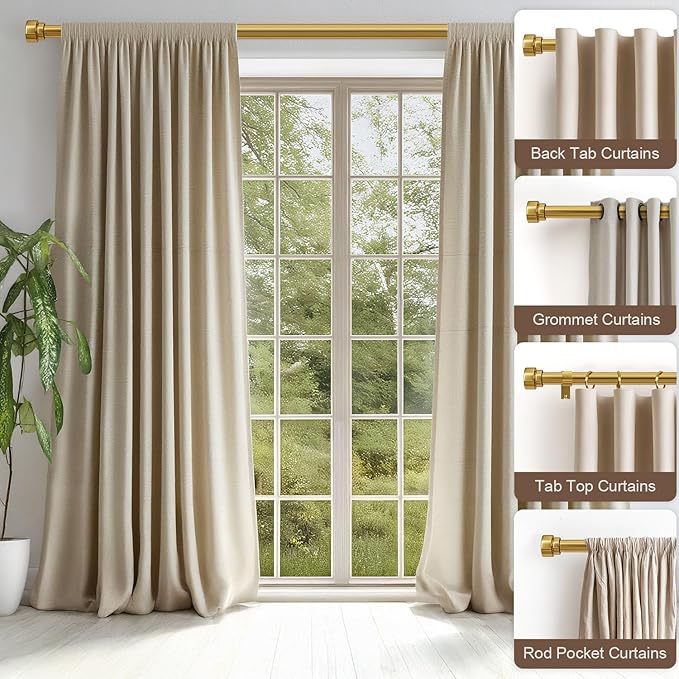 Gold Curtain Rods for Windows 48 to 84 Adjustable Modern Curtain Rod 1 inch Diameter Heavy Duty with Solid Metal Finials for Living Room Bedroom Farmhouse Outdoor Patio