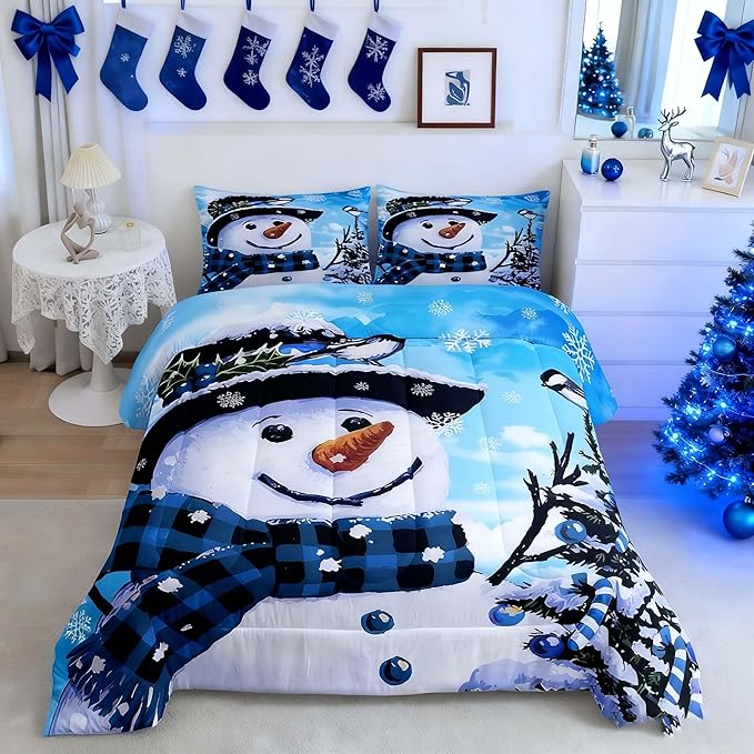 Feelyou Kids Christmas Theme Decorations Bedding Set Xmas Snowman Comforter Set for Boys Girls Cute Comforter Blue Bedroom Collection Queen Size