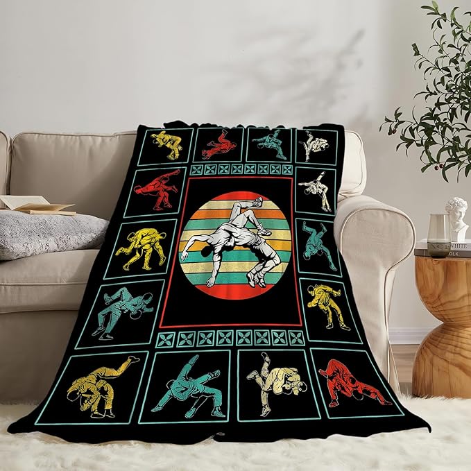 Wrestling Fleece Blanket Sports Wrestle Throw Blankets for Girls Boys Super Soft Warm Flannel Vintage Colorful Throws Gifts for Men Women Cozy Fuzzy Plush Stuffed Couch Bed Bedding Decor 50"x40"