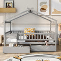Full House Bed with 2 Storage Drawers, Kids Full Bed Frame with Rails and Roof, Tent Bed, Wooden Full Daybed, Full Montessori Bed for Kids Teens Girls & Boys, No Box Spring Needed (Gray)