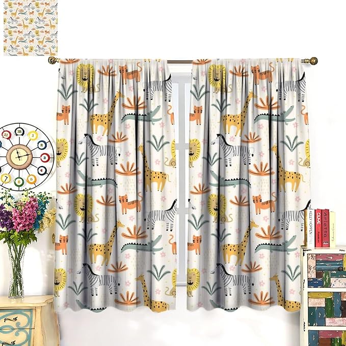 Wild Animals Curtains, Cute Cartoon Animals Zoo with Lion Zebra Crocodile Cat and Giraffe Tropical Jungle Plant Print Window Treatments for Kids Boys Girls Bedroom Living Room 42x63in