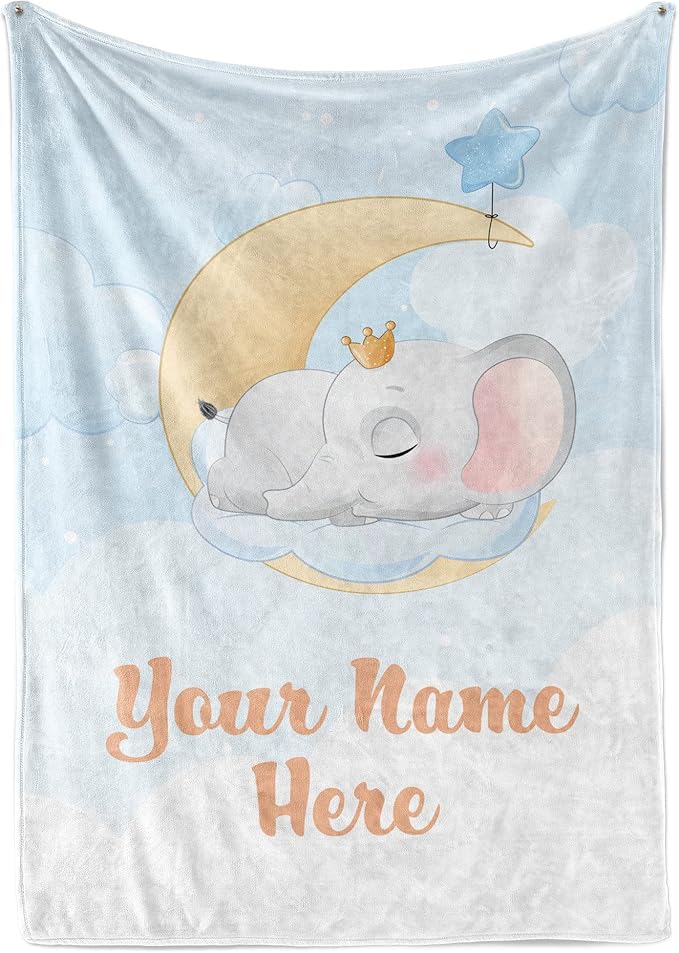 Personalized Baby Blankets with Name | Custom Elephant Baby Blanket for Boys and Baby Girls | Unisex Warm Soft Fleece Swaddle Blanket Minky | (Elephant, Fleece 60"x80")