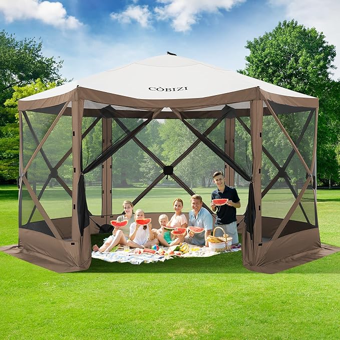COBIZI 12x12ft Pop up Gazebo Screen Tent Screen House for Camping, Camping Outdoor Screened Gazebo, Canopy Tent,Portable Hub with Carrying Bag and Ground Stakes, BrownUpgraded 2.0