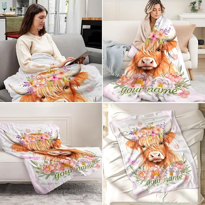 Personalized Highland Cow Blanket for Adults - 50" x 60" Inches Highland Cow Fuzzy Blanket for Teens - Pink Soft Lightweight Throw for Sofa, Bed & Travel