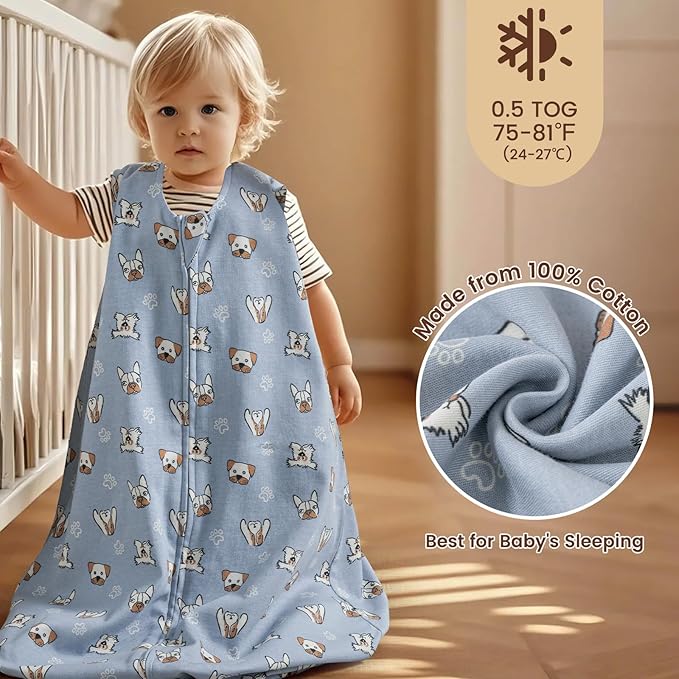 PHF Soft Baby Sleep Sack 12-18 Months 100% Organic Cotton Wearable Blanket, 2-Way Zipper 0.5 TOG Toddler Sleeping Sack 3 Pack, Comfy Sleep Bag for Baby Boys Girls, Pets Dogs (Large)