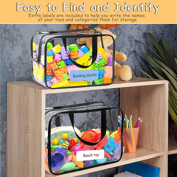 6 Packs Large Toy Storage Bags, Dual Zippers and Portable Handheld Design, Clear Waterproof Toy Organizer Bags with Labels, Board Game Storage for Building Blocks, Puzzle