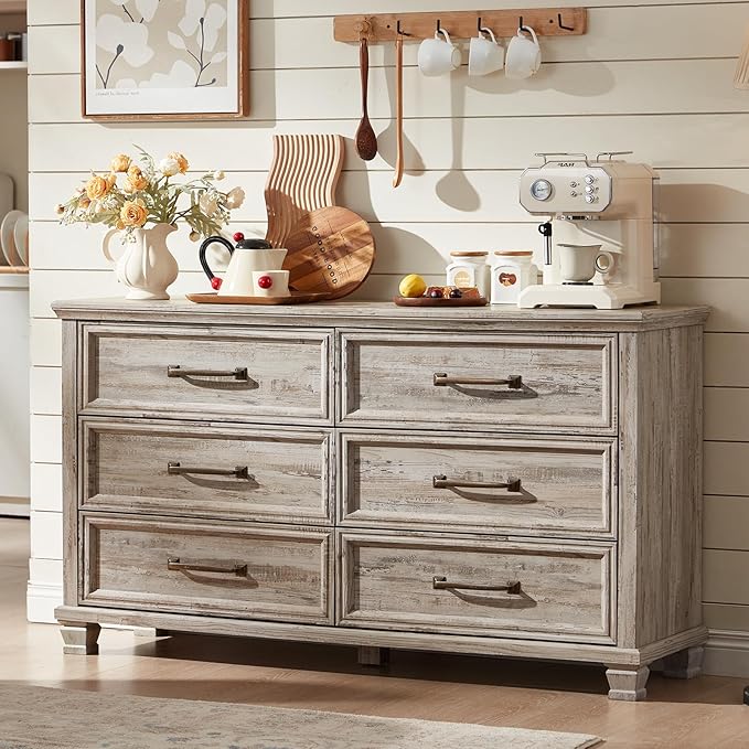 Farmhouse Bedroom Dresser and Nightstand Set of 4, 6 Drawer Tall & Low Dresser & 3 Drawer Nightstand Set with Wooden Legs, Rustic Wood Furniture Sets for Bedroom, Hallway, Grey