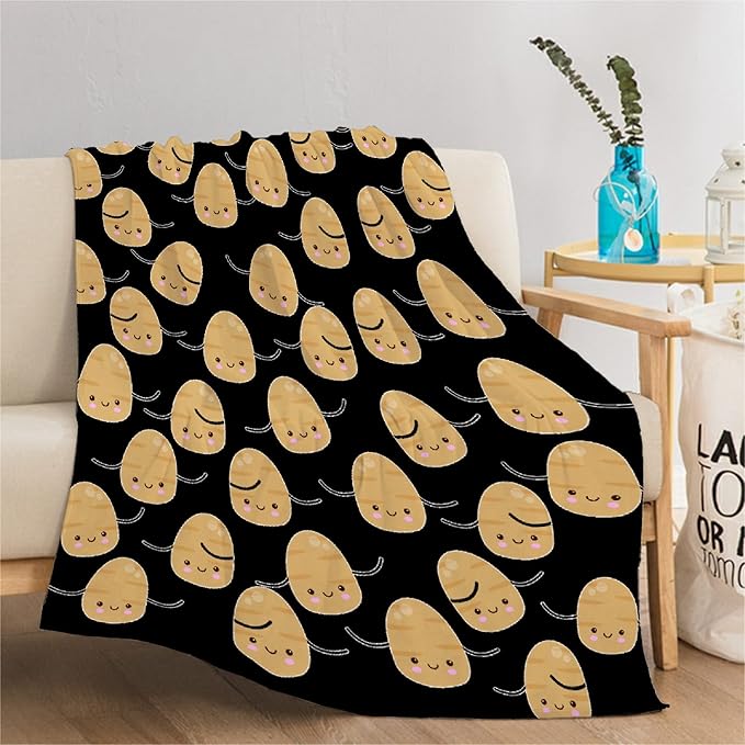 Thuswarm Cute Potato Kawaii Black Flannel Blanket Warm Cozy Soft Funny Print Throw for Bed Couch Sofa 80”×60” Large for Adult