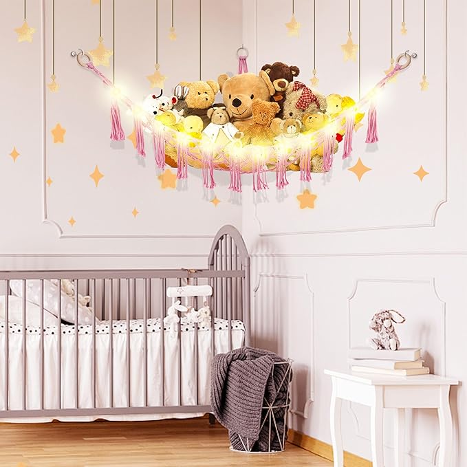 Stuffed Animal Hammock with LED Light, Large Stuffed Animals Storage Corner Plushie Net for Kids Room Decor, Pink