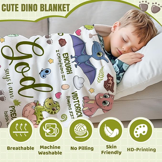 Dinosaur Blanket for Boys,God Says I Am Dinosaurs Throw Blanket,Dinosaur Gifts for Girls Baby,Meaningful Thoughtful Religious Baptism Christian Gifts,Bible Verse Quilt, 40"x50" for Kids