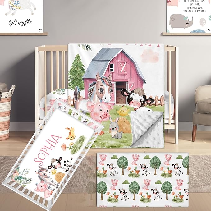 Custom Name Crib Bedding Set, 3 Pcs Personalized Baby Crib Bedding Set, Soft Farm Animals Nursery Crib Sets for Boys Girls, Double Layer Toddler Bedding Set Customized Gifts for Newborn Kids