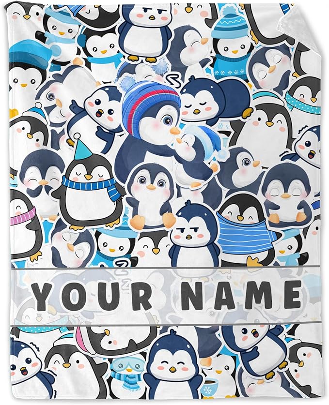 Personalized Penguin Gifts for Kids - 30" x 40" Inches Cute Penguin Throw Blankets for Girls - Blue Soft Furry Blankets for Sofa, Lap & Office