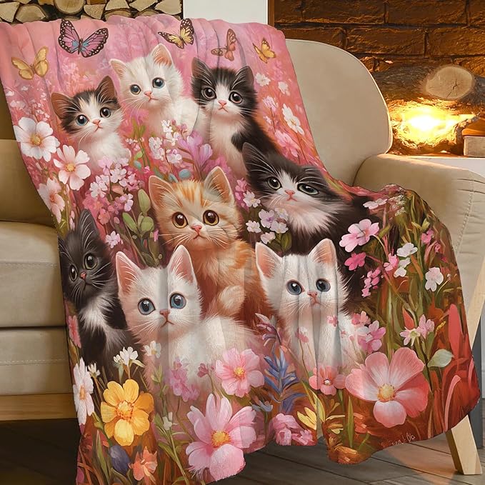 Pink Cat Themed Blanket Funny Cats Throws Pet Animal Print Plush Fuzzy Fleece Blankets Gifts for Girls Boys Lovers Super Soft Warm Cozy Butterfly Flower Stuff for Kids Women Bed Sofa Bedding 50"x40"