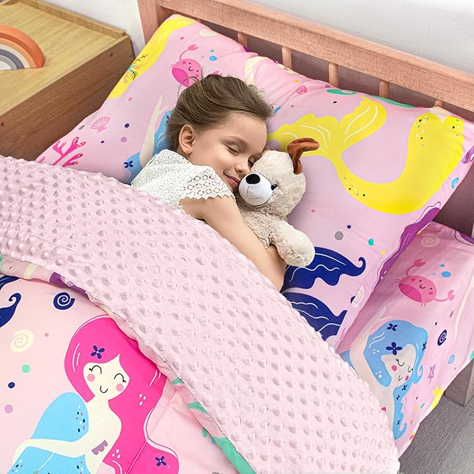Toddler Bedding Set, Plush Minky Fabric Crib Bedding Set for Girls, Breathable and Soft Baby Crib Bedding Set, Includes Toddler Comforter, Flat Sheet, Fitted Sheet and Pillowcase for Girls (Mermaid)
