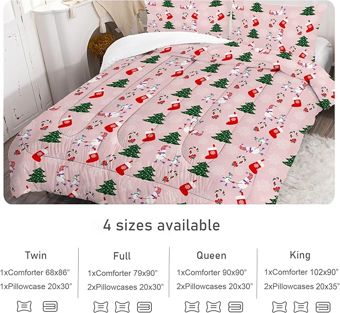 Pink Christmas Comforter Set: Full Size Christmas Tree Snowman Bedding Set for Teens Girls Xmas Stocking Candy Cane Quilts Snowflake Bed Set 1 Comforter & 2 Pillowcases