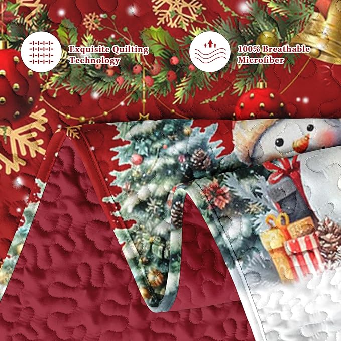 Christmas King Size Quilt Set, Dark Red Xmas Snowman Lightweight Bedspread Coverlet with Pillow Shams for Kids and Adults, Winter Snowflake Pine Tree 3 Pcs Bedding Bed Cover