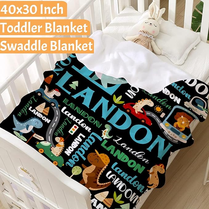 Personalized Dinosaur Preschool Blanket for Toddler Kids Boys with Name - Super Soft Lightweight Customized Dino Truck Baby Crib Fleece Sheets Decor for Couch Girls - Custom Dinosaur Gifts - 30" X 40"
