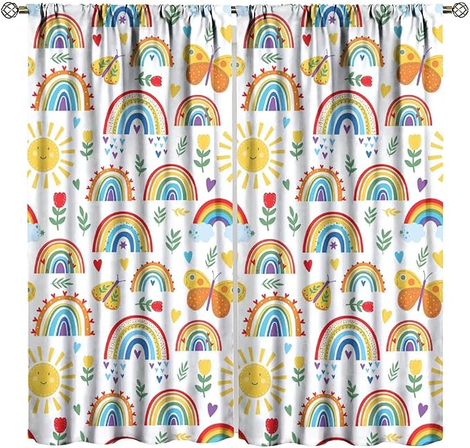 Boho Rainbow Curtains for Kids Nursery Colorful Floral Sun Star Clouds Pastel Bohemian Pattern Print Window Drapes for Girl Bedroom Living Room Kitchen Decor,2 Panel Set,72Wx63H Inch Blackout