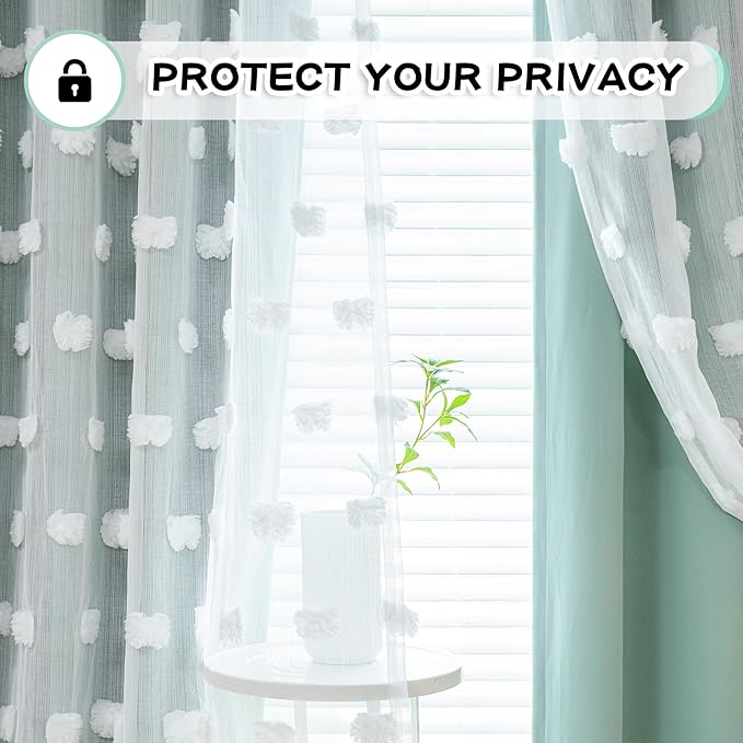 MYSKY HOME 90 Inches Long Aqua Curtains for Living Room Nursery Curtains for Bedroom Double Layer Curtains White Pom Pom Sheer Curtains for Dining Room Grommet Room Darkening Window Panels W52 X L90