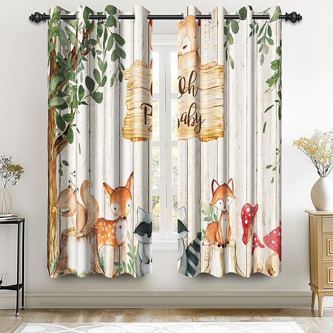 Renaiss 52 x 63 Inch African Safari Baby Curtains Grommet Blackout Window Curtain Planks Animals Tropical Tree Stump Fox Squirrel Mushrooms Print Window Treatment for Kids Boys Bedroom Decor 2 Panels