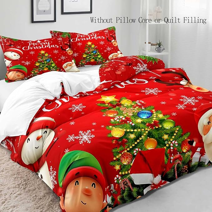 LUVIVIHOME 3PCS King Kids Christmas Duvet Cover Set, Santa Claus Snowman Reindeer Elf Snowflake Christmas Tree Holiday New Year Xmas Red Comforter Quilt Cover 2 Pillow Shams