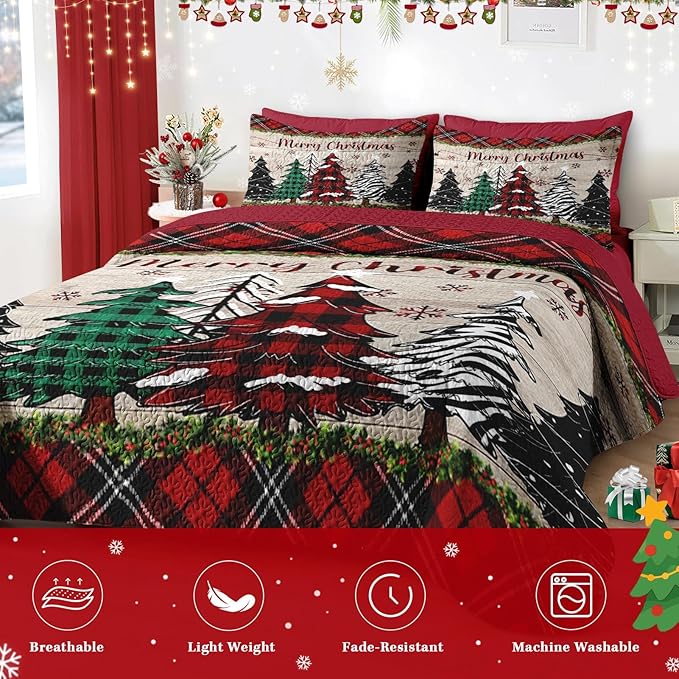Christmas King Size Quilt Set, Black Red Plaid Lightweight Bedspread Coverlet with Pillow Shams for Kids and Adults, Retro Colorful Pine Tree 3 Pcs Bedding Bed Cover