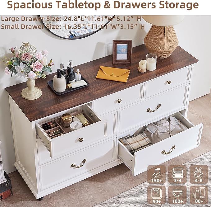 Bedroom Dresser Sets, 54" Wide 7 Drawers Dresser and 45" Tall 5 Drawers Dresser, Wooden 2 Piece Bedroom Furniture Set, Chest of Drawer for Bedroom, Home, Living Room, Hallway, White